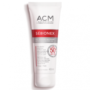 Skin type Combination to oily skin Galenic Gel When Reapply in the event of sun exposure Benefits High protection UVA/UVB and mattifies - SPF 50+ Presentation 40 ml Tube - ACM SÉBIONEX Gel 40ml Spf 50+